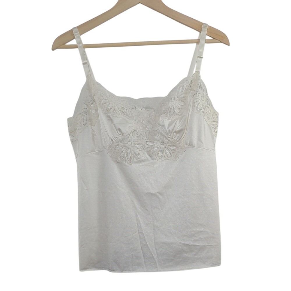 Vtg 70s Nylon Shadowline Ivory Lace Babydoll Camisole Top‎ Women's 36 Large EUC